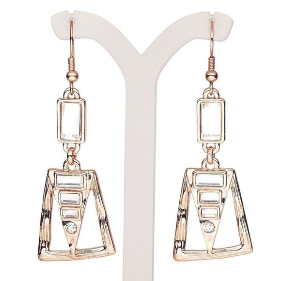 Artsy Rose Gold Tone Geometric Metal Glass Crystal Dangle Earrings - Picture 1 of 1